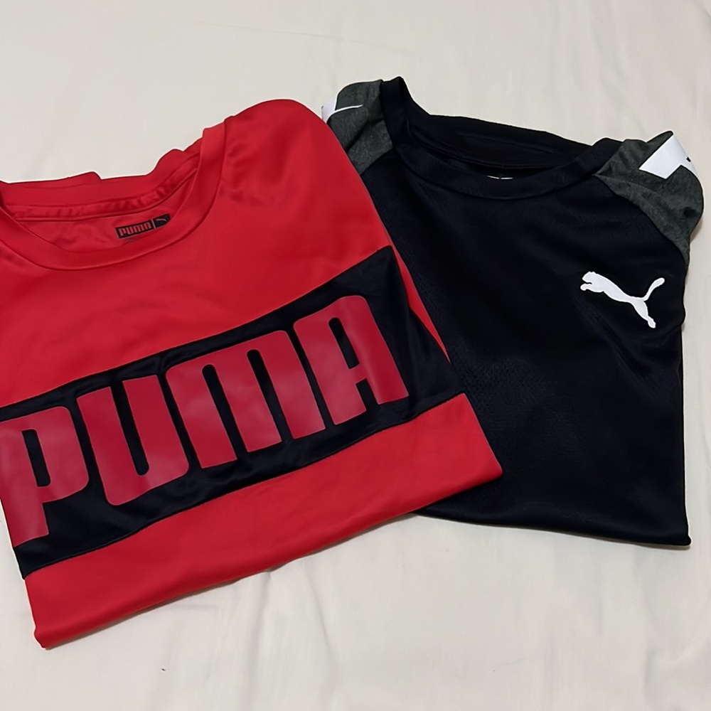 2 Puma shirt color black short sleeves color military green & Red size M 10-12